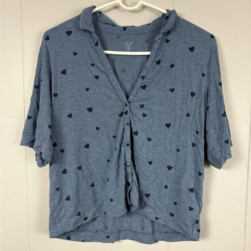 Love by Gap Blue Heart Loungewear Button Down Pajama Top Valentine’s Day Cozy M